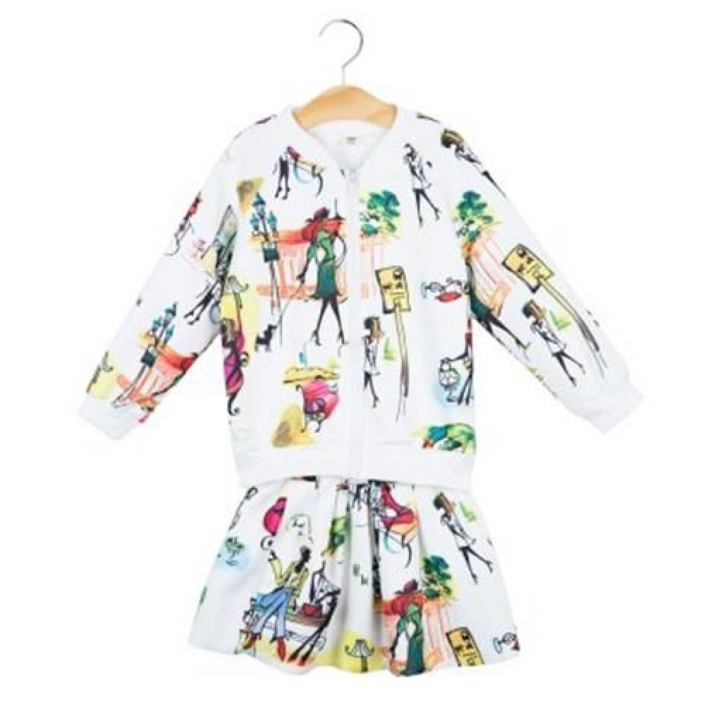 2PCS CASUAL PRINTED LONG SLEEVE JACKET WITH ELASTIC WAIST SKIRT CLOTHING SET FOR GIRLS (CO 2PCS CASUAL PRINTED LONG SLEEVE JACKET WITH ELASTIC WAIST SKIRT CLOTHING SET FOR GIRLS (CO