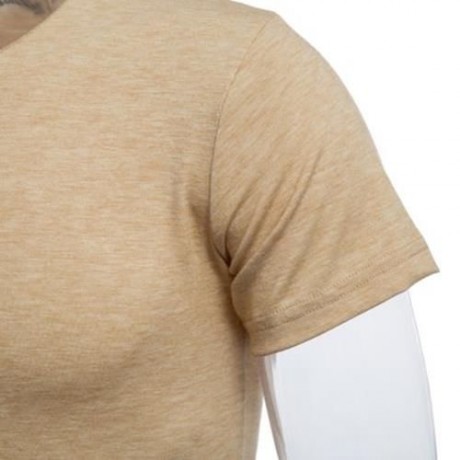 CASUAL ROUND COLLAR SHORT SLEEVE SOLID COLOR COTTON BLEND T-SHIRT FOR MEN (BEIGE)