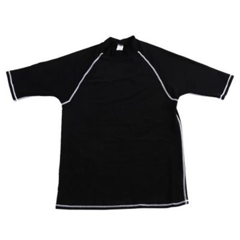 SHORT SLEEVES STRAITJACKET TOP COLLAR RASH GUARD LYCRA SWIMSUIT SURFING SWIM SHIRT (BLACK)