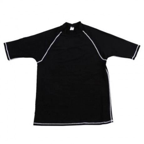 SHORT SLEEVES STRAITJACKET TOP COLLAR RASH GUARD LYCRA SWIMSUIT SURFING SWIM SHIRT (BLACK)