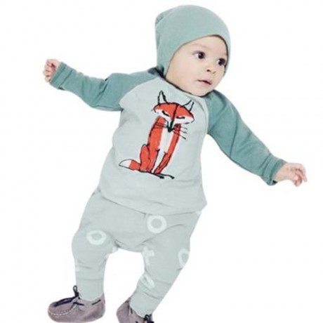 2PCS FASHION BABIES ROUND COLLAR FOX PRINTED TOP PANTS WITH HAT (GREEN)
