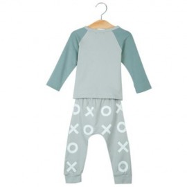2PCS FASHION BABIES ROUND COLLAR FOX PRINTED TOP PANTS WITH HAT (GREEN)