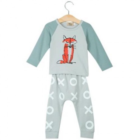 2PCS FASHION BABIES ROUND COLLAR FOX PRINTED TOP PANTS WITH HAT (GREEN)