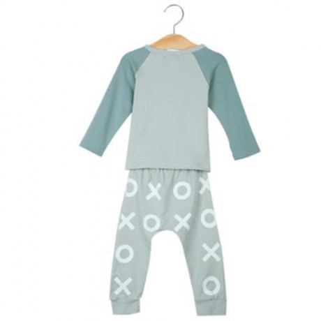 2PCS FASHION BABIES ROUND COLLAR FOX PRINTED TOP PANTS WITH HAT (GREEN)