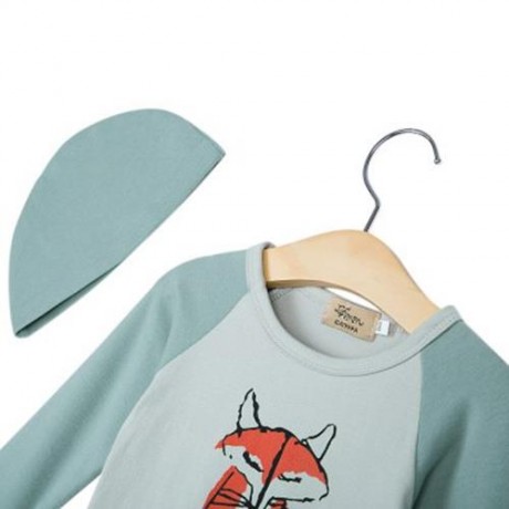 2PCS FASHION BABIES ROUND COLLAR FOX PRINTED TOP PANTS WITH HAT (GREEN)