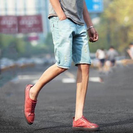 STREET STYLE BUTTON DESIGN FRAYED DENIM SHORTS FOR MEN (DEEP BLUE)