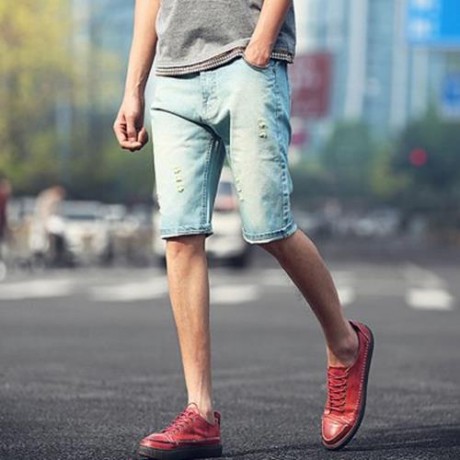 STREET STYLE BUTTON DESIGN FRAYED DENIM SHORTS FOR MEN (DEEP BLUE)