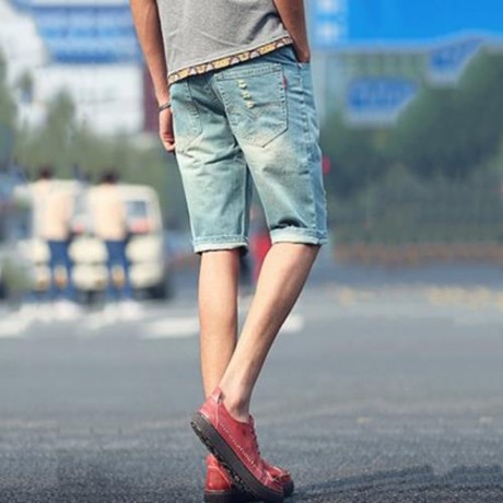 STREET STYLE BUTTON DESIGN FRAYED DENIM SHORTS FOR MEN (DEEP BLUE)