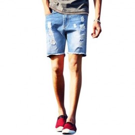 STREET STYLE BUTTON DESIGN FRAYED DENIM SHORTS FOR MEN (DEEP BLUE)