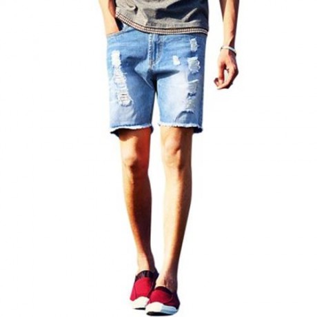 STREET STYLE BUTTON DESIGN FRAYED DENIM SHORTS FOR MEN (DEEP BLUE)