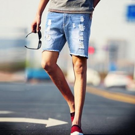 STREET STYLE BUTTON DESIGN FRAYED DENIM SHORTS FOR MEN (DEEP BLUE)