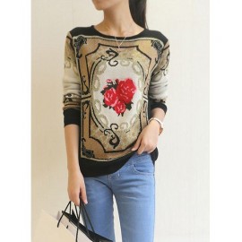 FLORAL PRINT ACRYLIC LONG SLEEVE RETRO STYLE ROUND COLLAR WOMEN'S SWEATER