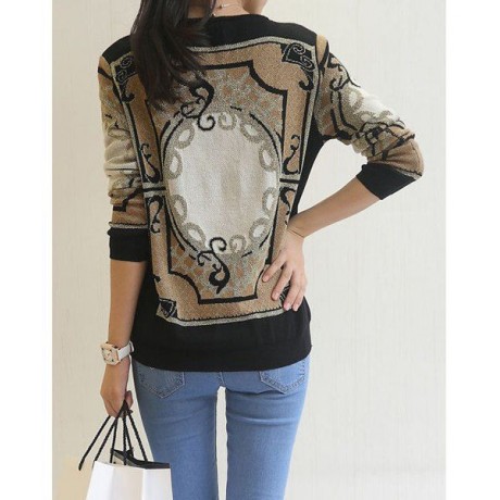 FLORAL PRINT ACRYLIC LONG SLEEVE RETRO STYLE ROUND COLLAR WOMEN'S SWEATER