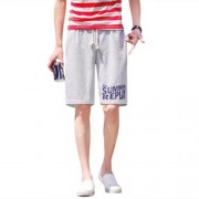 ELASTIC LETTER PRINT DRAWSTRING COTTON BLEND MEN CASUAL SHORTS (LIGHT GRAY)