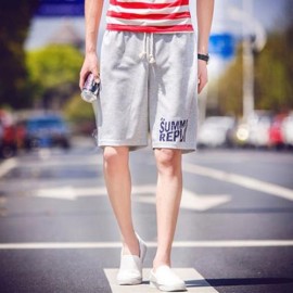 ELASTIC LETTER PRINT DRAWSTRING COTTON BLEND MEN CASUAL SHORTS (LIGHT GRAY)