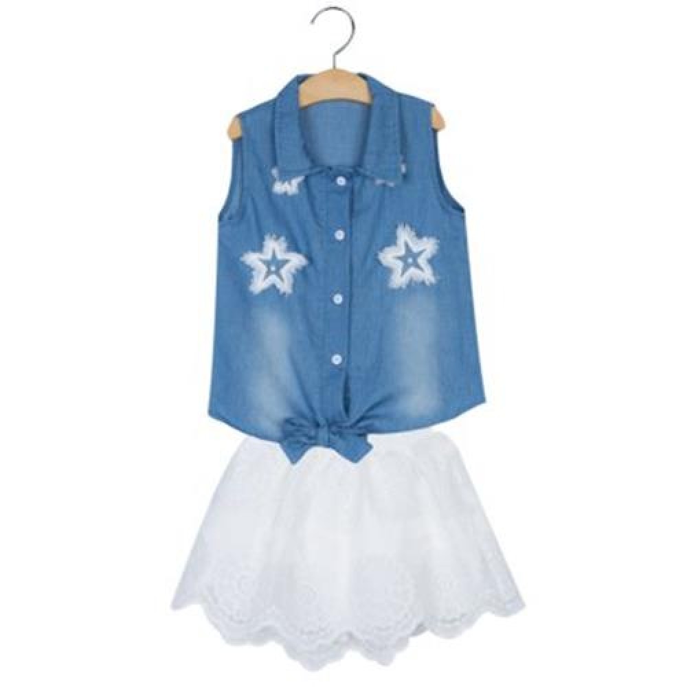 2PCS STYLISH TURN DOWN NECK SLEEVELESS STAR APPLIQUE DEMIN GIRLS SHIRT WITH GAUZE FLORAL S 2PCS STYLISH TURN DOWN NECK SLEEVELESS STAR APPLIQUE DEMIN GIRLS SHIRT WITH GAUZE FLORAL S