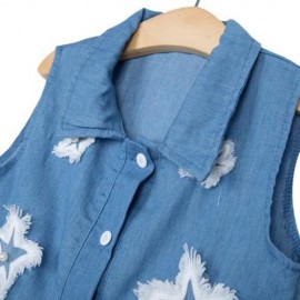 2PCS STYLISH TURN DOWN NECK SLEEVELESS STAR APPLIQUE DEMIN GIRLS SHIRT WITH GAUZE FLORAL S