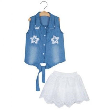 2PCS STYLISH TURN DOWN NECK SLEEVELESS STAR APPLIQUE DEMIN GIRLS SHIRT WITH GAUZE FLORAL S