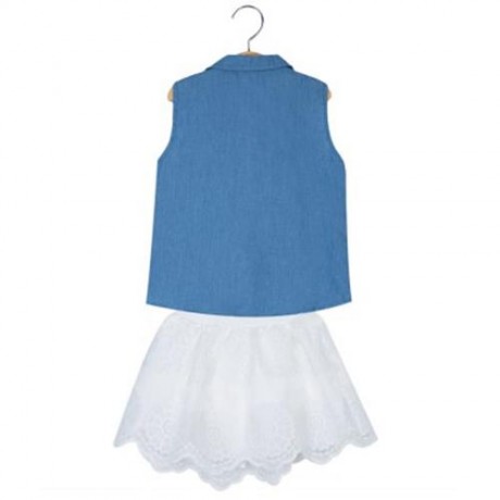 2PCS STYLISH TURN DOWN NECK SLEEVELESS STAR APPLIQUE DEMIN GIRLS SHIRT WITH GAUZE FLORAL S