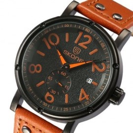 SKONE 9429EG MEN QUARTZ WATCH SECONDS SUB-DIAL DATE DISPLAY LEATHER STRAP WRISTWATCH WITH 