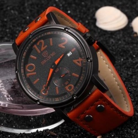 SKONE 9429EG MEN QUARTZ WATCH SECONDS SUB-DIAL DATE DISPLAY LEATHER STRAP WRISTWATCH WITH 