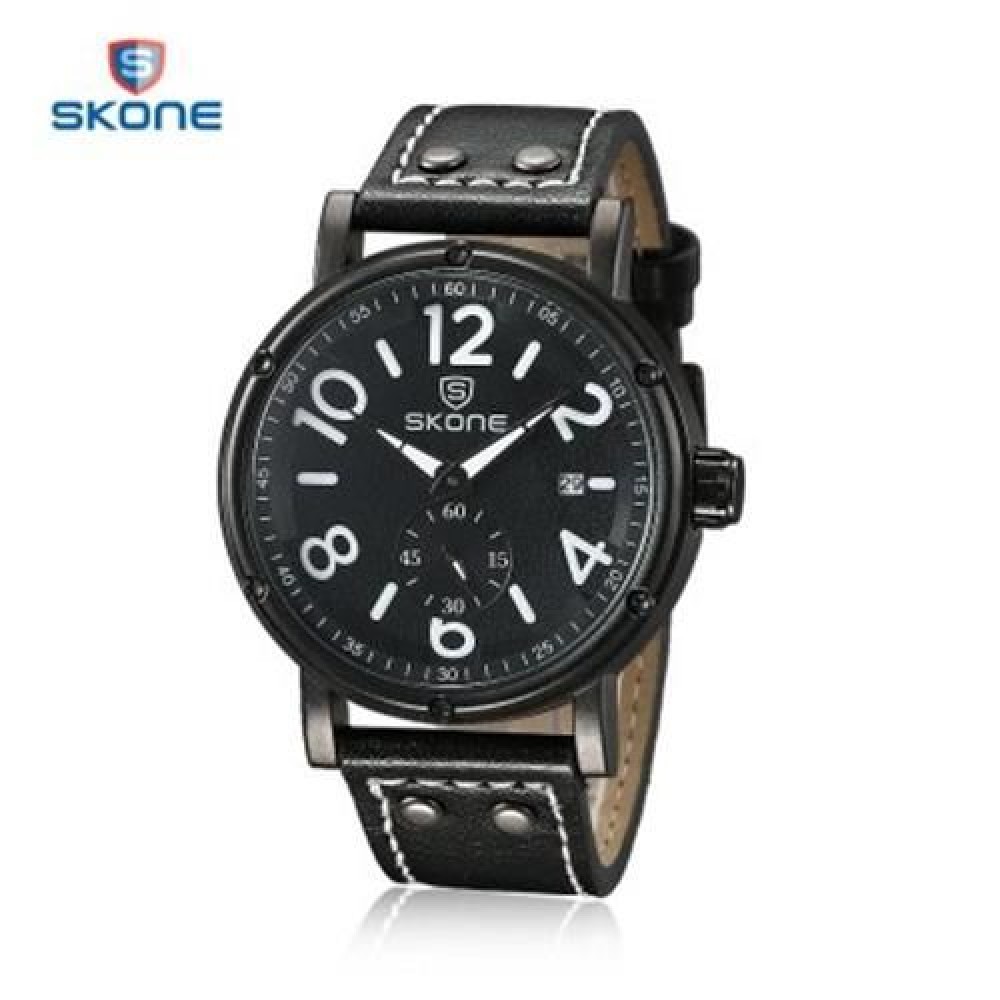 SKONE 9429EG MEN QUARTZ WATCH SECONDS SUB-DIAL DATE DISPLAY LEATHER STRAP WRISTWATCH WITH 