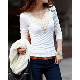 FASHIONABLE V-NECK LACEWORK SPLICING LONG SLEEVE WOMEN'S T-SHIRT