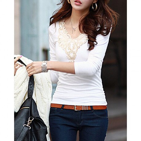FASHIONABLE V-NECK LACEWORK SPLICING LONG SLEEVE WOMEN'S T-SHIRT