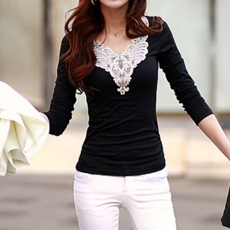 FASHIONABLE V-NECK LACEWORK SPLICING LONG SLEEVE WOMEN'S T-SHIRT