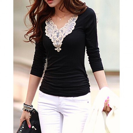 FASHIONABLE V-NECK LACEWORK SPLICING LONG SLEEVE WOMEN'S T-SHIRT