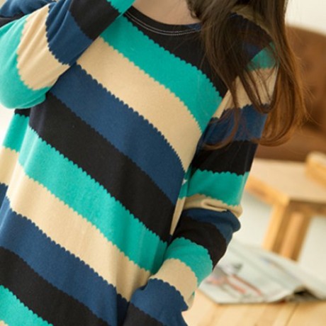 STYLISH SCOOP NECK STRIPED LONG SLEEVE SLIMMING T-SHIRT FOR WOMEN