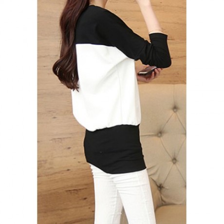 CASUAL SCOOP NECK LONG BATWING SLEEVE SPLICED COLOR BLOCK SLIMMING WOMEN'S T-SHIRT