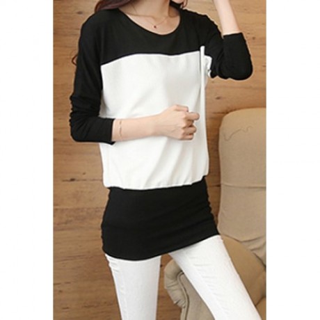 CASUAL SCOOP NECK LONG BATWING SLEEVE SPLICED COLOR BLOCK SLIMMING WOMEN'S T-SHIRT