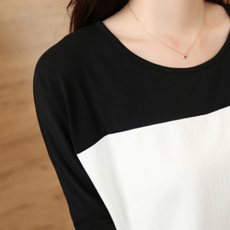 CASUAL SCOOP NECK LONG BATWING SLEEVE SPLICED COLOR BLOCK SLIMMING WOMEN'S T-SHIRT