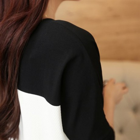 CASUAL SCOOP NECK LONG BATWING SLEEVE SPLICED COLOR BLOCK SLIMMING WOMEN'S T-SHIRT