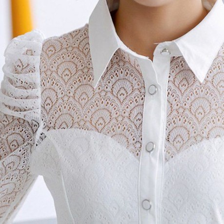FASHIONABLE TURN-DOWN COLLAR LACE SPLICING LONG SLEEVE WOMEN'S BLOUSE