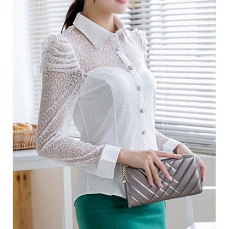 FASHIONABLE TURN-DOWN COLLAR LACE SPLICING LONG SLEEVE WOMEN'S BLOUSE