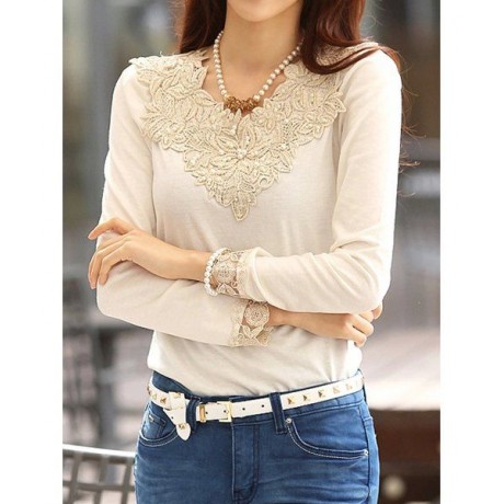 STYLISH V-NECK BEADED LACE EMBELLISHED T-SHIRT FOR WOMEN
