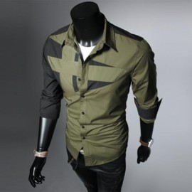 TRENDY TURN DOWN COLOR FULL SLEEVE COLOR BLOCK SHIRT FOR MEN (ARMY GREEN)