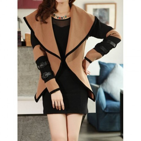 STYLISH TURN-DOWN COLLAR COLOR BLOCK LONG SLEEVE COAT FOR WOMEN