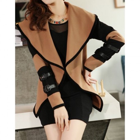 STYLISH TURN-DOWN COLLAR COLOR BLOCK LONG SLEEVE COAT FOR WOMEN