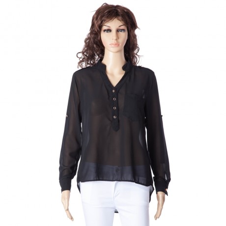 SIMPLE STYLE V-NECK CHIFFON SOLID COLOR LONG SLEEVE WOMEN'S BLOUSE