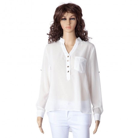 SIMPLE STYLE V-NECK CHIFFON SOLID COLOR LONG SLEEVE WOMEN'S BLOUSE