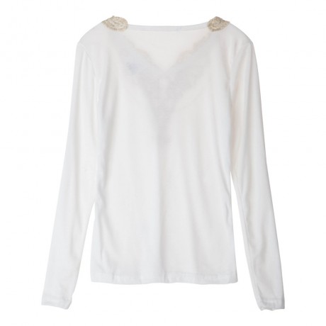 FASHIONABLE V-NECK LACEWORK SPLICING LONG SLEEVE WOMEN'S T-SHIRT