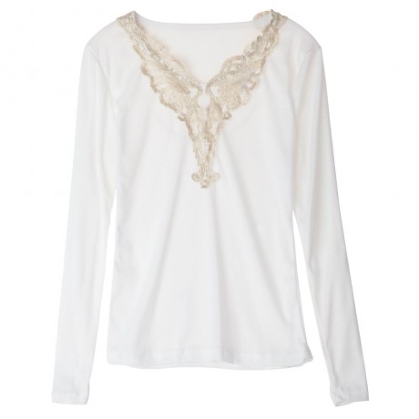 FASHIONABLE V-NECK LACEWORK SPLICING LONG SLEEVE WOMEN'S T-SHIRT