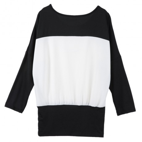 CASUAL SCOOP NECK LONG BATWING SLEEVE SPLICED COLOR BLOCK SLIMMING WOMEN'S T-SHIRT