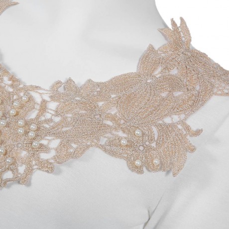 STYLISH V-NECK BEADED LACE EMBELLISHED T-SHIRT FOR WOMEN