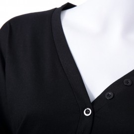 SOLID COLOR CASUAL V-NECK SINGLE BREASTED BATWING SLEEVE WOMEN'S BLOUSE