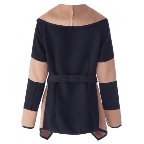STYLISH TURN-DOWN COLLAR COLOR BLOCK LONG SLEEVE COAT FOR WOMEN