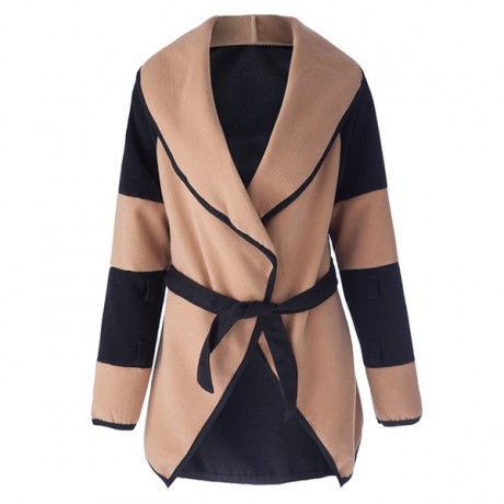 STYLISH TURN-DOWN COLLAR COLOR BLOCK LONG SLEEVE COAT FOR WOMEN